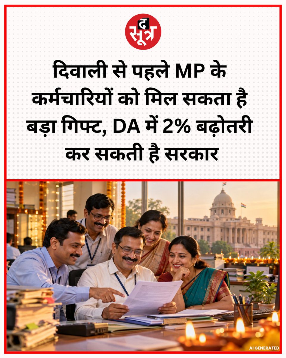 TheSootr's tweet photo. मध्य प्रदेश के करीब 7.50 लाख सरकारी कर्मचारियों के महंगाई भत्ते में 2% बढ़ोतरी की तैयारी है। बढ़ोतरी होने पर डीए 58% से बढ़कर 60% हो जाएगा। सरकार 15 अक्टूबर के आसपास इसका ऐलान कर सकती है। हालांकि, अभी आधिकारिक आदेश का इंतजार है।

#MPNews #MPGovernment #DAHike #GovernmentEmployees https://t.co/Bse9pKBd80