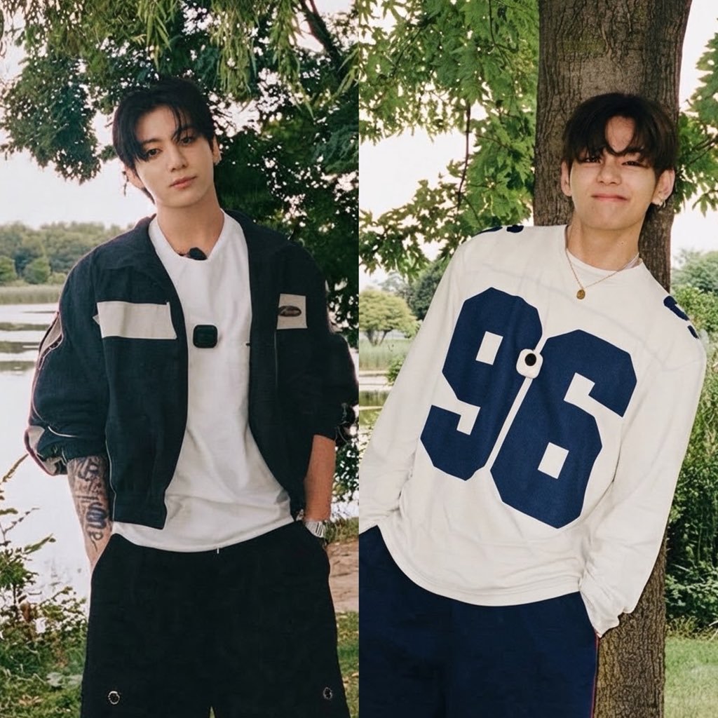 writtenbykookv's tweet photo. their outfits look like what they wore that same day so taekook probably hung out with jhope before or after the shoot 🥹 its literally impossible to separate them https://t.co/1aTcyw0h49