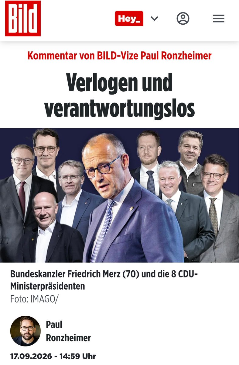 LarsJure's tweet photo. "CDU-Fürsten drohen mit Blockade" Sind das die selben @CDU-"Fürsten", die genau vor einer Woche (vor einer Wahl) ein "Gemeinsames Statement" veröffentlichten in dem sie  "GEMEINSAM mit dem @bundeskanzler ihren Beitrag leisten wollen"? @ronzheimer meinte bereits damals "Verlogen und Verantwortungslos"...Welche Meinung wird man jetzt bei @BILD über diese Personen haben? Wie wird man diese Steigerung jetzt bezeichnen? Schönen Samstag!