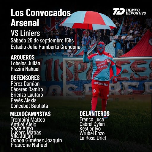 TiempoDeportiv8's tweet photo. Los Convocados por Fabián Lisa de #ArsenalFútbolClub hoy recibe en Julio Humberto Grondona desde las 15 horas a #Liniers por la #Fecha37 de la #PrimeraBMetropolitana
#ArsenalEsSarandi https://t.co/JXfy41Wo5u