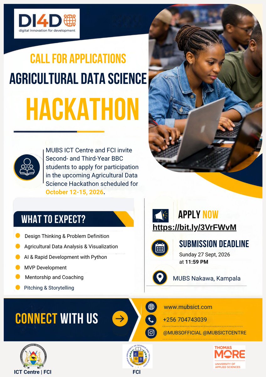 MUBSICTCentre's tweet photo. Are you a 2nd- or 3rd-year BBC student passionate about technology, data science, AI, and agricultural innovation? 
Apply now at https://t.co/GysKOkeHTl to participate in the innovation of solutions that can transform agriculture!
#DataScienceHackathon #AIForAgriculture #MUBS https://t.co/u5bmo3G7UR