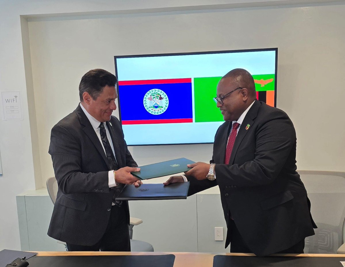 ZambiaMFAIC's tweet photo. On the sidelines of #UNGA81 Zambia signed a Joint Communique establishing diplomatic relations with #Belize .

The partnership provides a framework to deepen cooperation in climate change adaptation, environmental conservation, agriculture, tourism, trade, among other sectors. https://t.co/UPGuN1uqLo