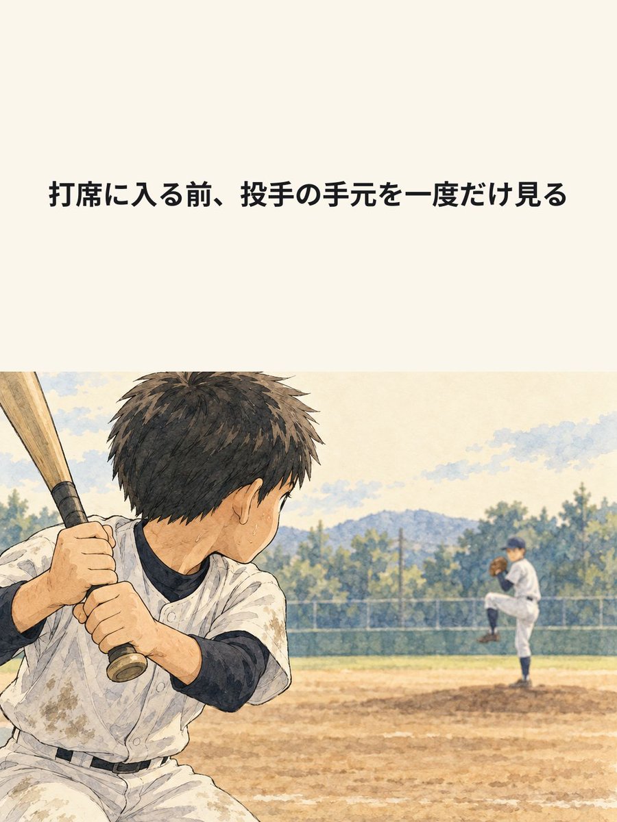 yakyulog_ja's tweet photo. ネクストで相手投手の投球を見てから打席へ。投手の手元やボールの出どころなど、打席前にどこを見るか決めておく場面を描きました。試合の記録はApp Storeで「野球ログ」を検索。

#少年野球 #野球 https://t.co/Sf2s4K8qI0