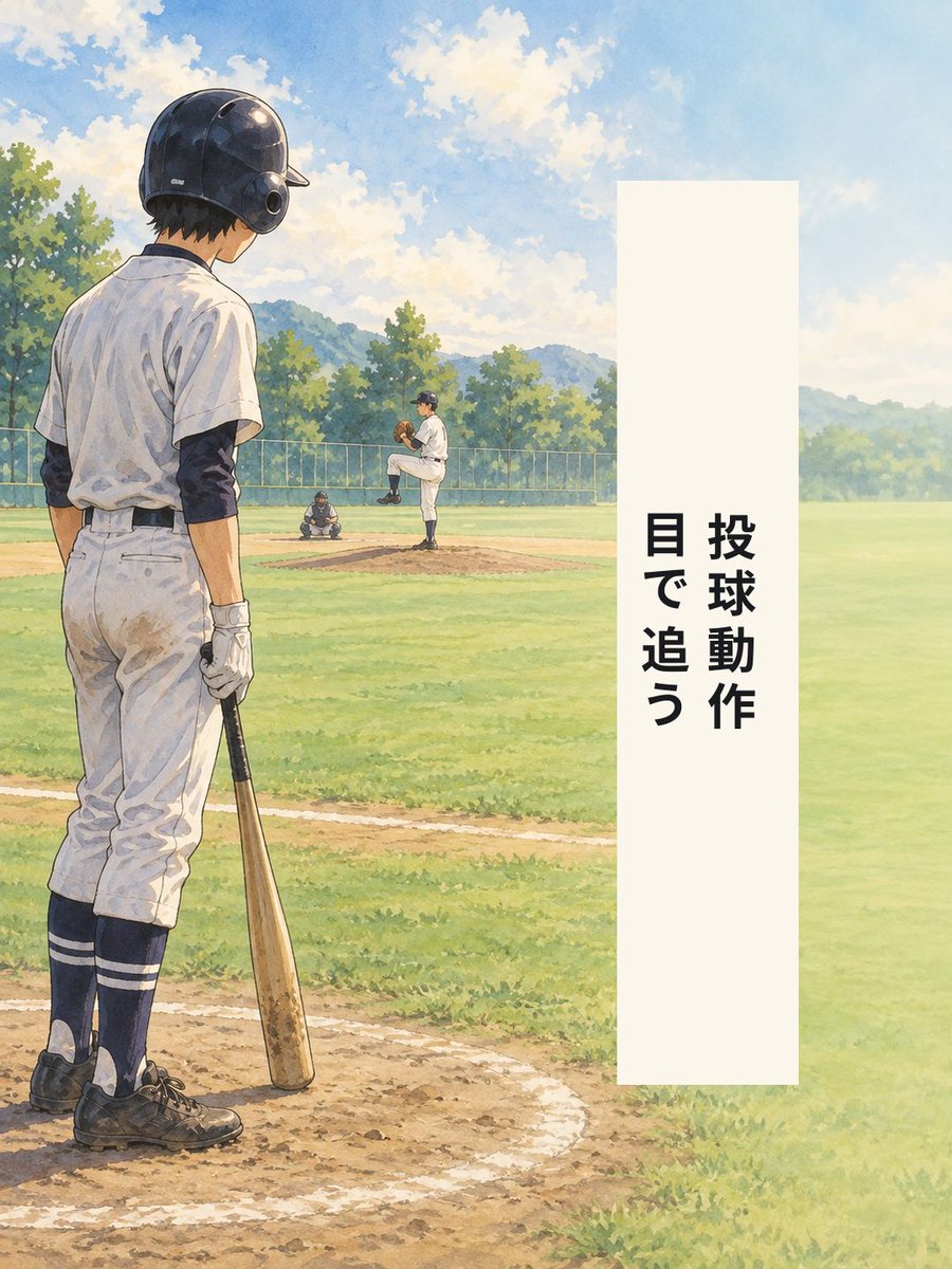 yakyulog_ja's tweet photo. ネクストで相手投手の投球を見てから打席へ。投手の手元やボールの出どころなど、打席前にどこを見るか決めておく場面を描きました。試合の記録はApp Storeで「野球ログ」を検索。

#少年野球 #野球 https://t.co/Sf2s4K8qI0