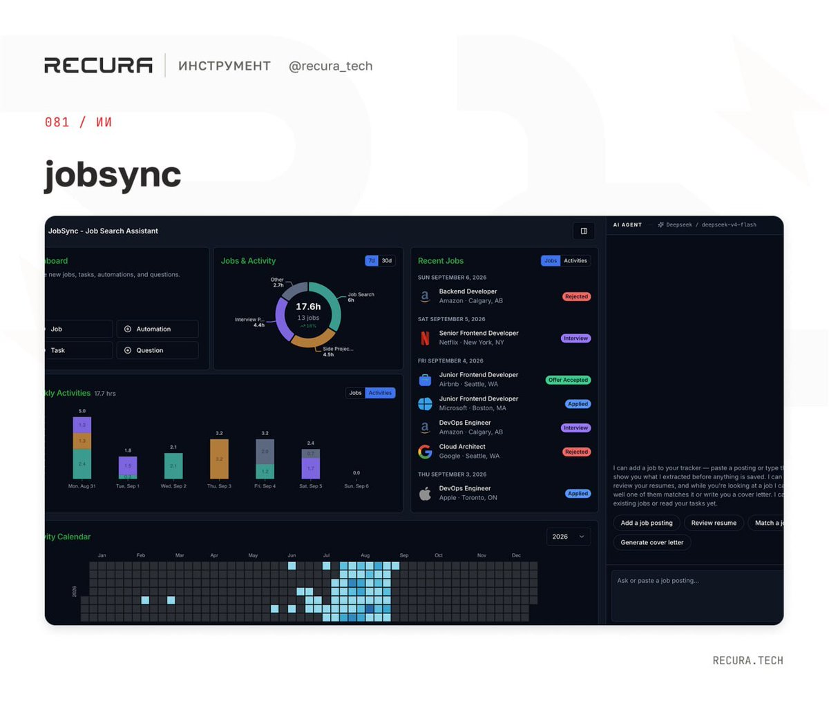 recura_tech's tweet photo. 🔍 jobsync

👁️ Самостоятельно разворачиваемый ИИ-помощник для управления поиском работы, резюме и откликами.

Он хранит вакансии и отклики, анализирует резюме, сопоставляет их с вакансиями и создаёт сопроводительные письма. Поиск подходящих вакансий можно автоматизировать, а ИИ запускать локально через Ollama или подключать облачного провайдера, при этом данные остаются на вашем сервере.

❗ Подойдёт соискателям, которые хотят автоматизировать поиск работы и хранить данные о нём под своим контролем.

Изучаем по ссылке: https://t.co/1bZGswdxVC

tags: #утилиты #ии #карьера

🧭 @recura_tech