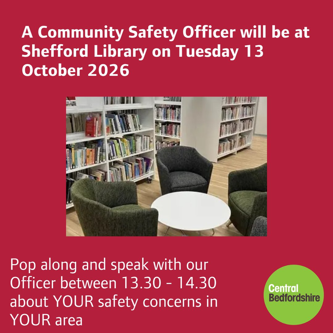 letstalkcentral's tweet photo. Please come along to a drop-in session at Shefford Library on Tuesday 13 October to talk about your community safety concerns. Our officer will be there between 1.30 and 2.30pm. No appointment is needed and everyone is welcome. https://t.co/1WMM5eJc8D