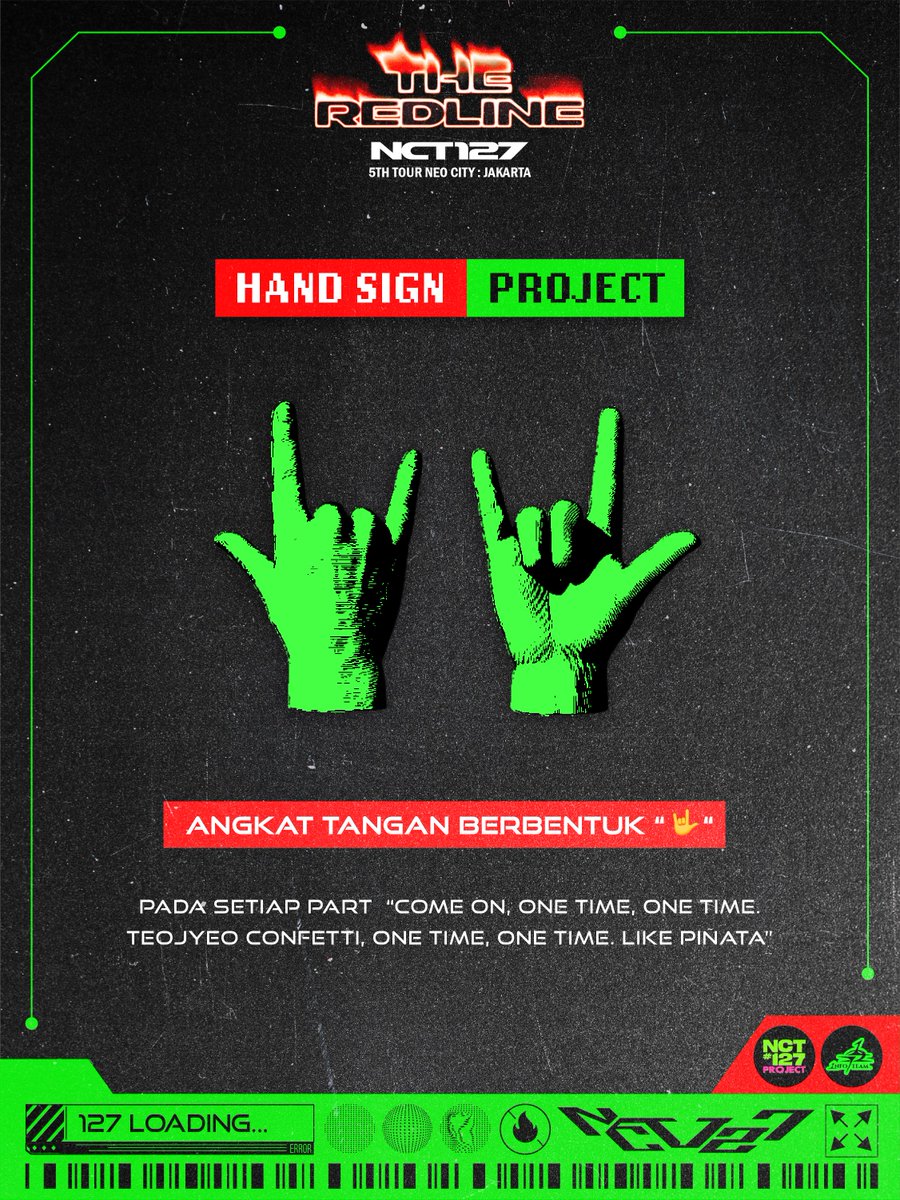 NCT127Project's tweet photo. ❤️‍🔥MAIN PROJECT - HAND SIGN❤️‍🔥

The 1st main project for The Redline in Jakarta is Hand Sign🤟🏻

Status: approved✅

Hand Sign ini bertujuan untuk memeriahkan performance lagu Piñata, sekaligus berartikan “I love you” dalam bahasa isyarat tangan💚

Let’s hype it up for our 127!!!🤟🏻

#NCT127 #TheRedline_JKT