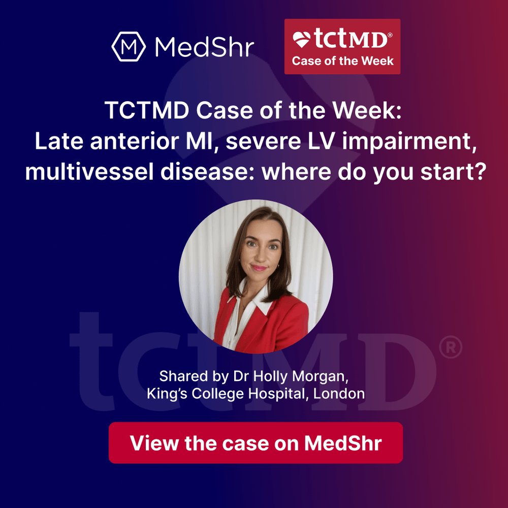 medshronline's tweet photo. Late anterior MI. Severe LV impairment. Multivessel disease.
Your peers are already debating this one — where do you stand?
Medical therapy, PCI, CABG or viability first? View the full TCTMD case on #MedShr: 👇
#TCTMD #MedShr #MultivesselDisease #Cardiology #FOAMed #MedTwitter https://t.co/6IKXA1vCXu