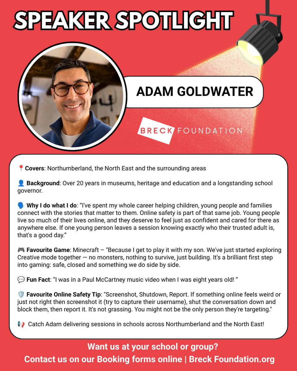 BreckFound's tweet photo. Meet Adam, one of our dedicated speakers who shares Breck’s story with students across the UK.

He helps young people understand the importance of online safety and how to protect themselves in a digital world.

📍 Currently working in Northumberland
 https://t.co/nM0edqGxAL https://t.co/FUUoy9KQbX