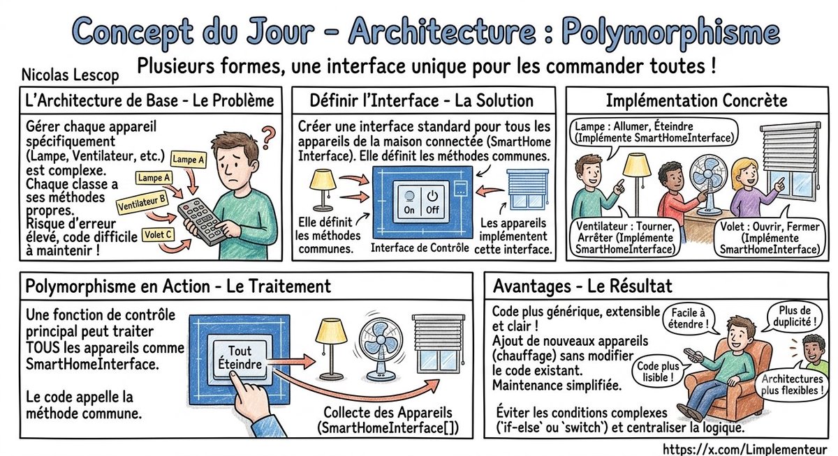 Limplementeur's tweet photo. En pratique, le polymorphisme s'appuie sur une interface commune pour traiter différents objets de manière uniforme. 
Indispensable pour injecter des dépendances dynamiquement ou gérer des plugins proprement. https://t.co/MrCrnBeUAM