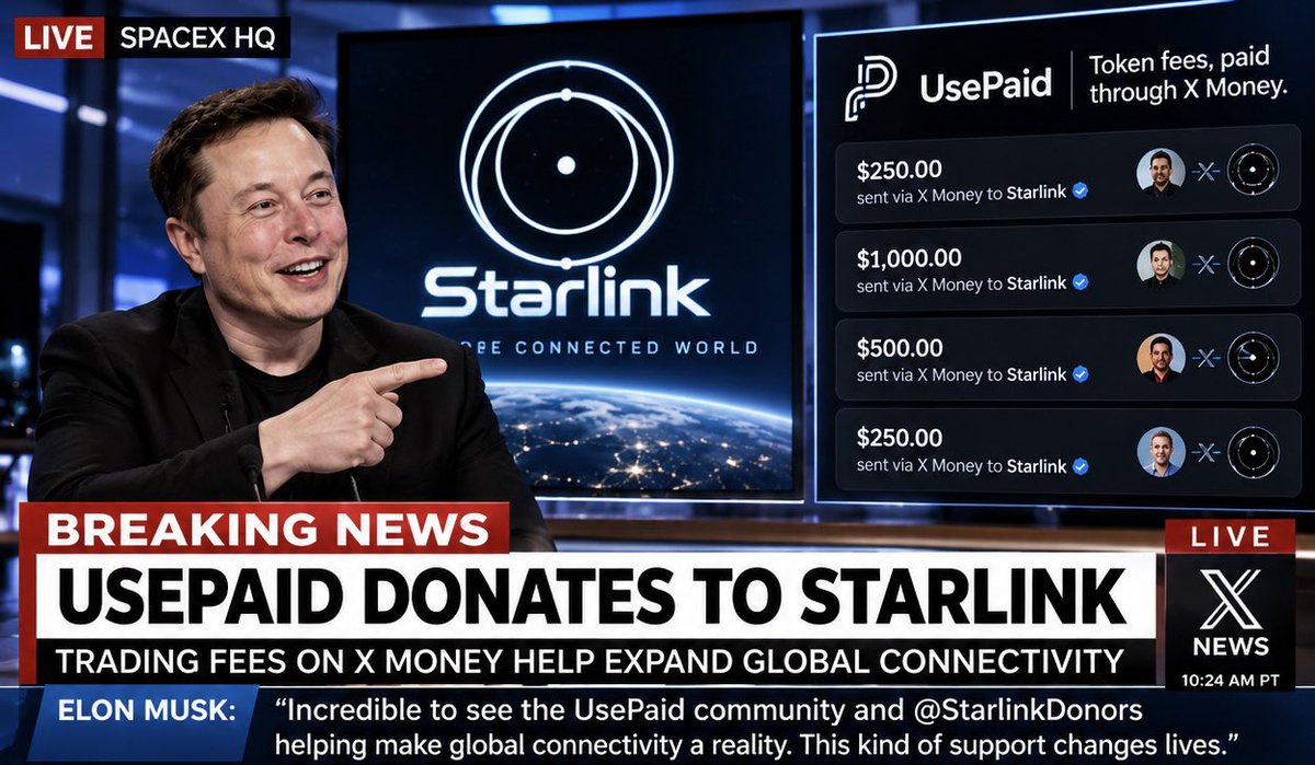 StarlinkDonors's tweet photo. Back in 2022, Elon asked if there were others who wanted to donate Starlinks to places in need. Now that idea can be carried forward in a simple way: Starlink Donors, it was an idea launched through @UsePaid, will direct its fees to Starlink through @XMoney. 

Every trade and contribution can help turn community activity into real support for Starlink’s growth, more terminals, wider coverage, and internet access for more remote and underserved areas. 

CA: DH1nPfpA9mBVeS4X7Roz9NN97GtuuM8zyEKaGW2a7P6