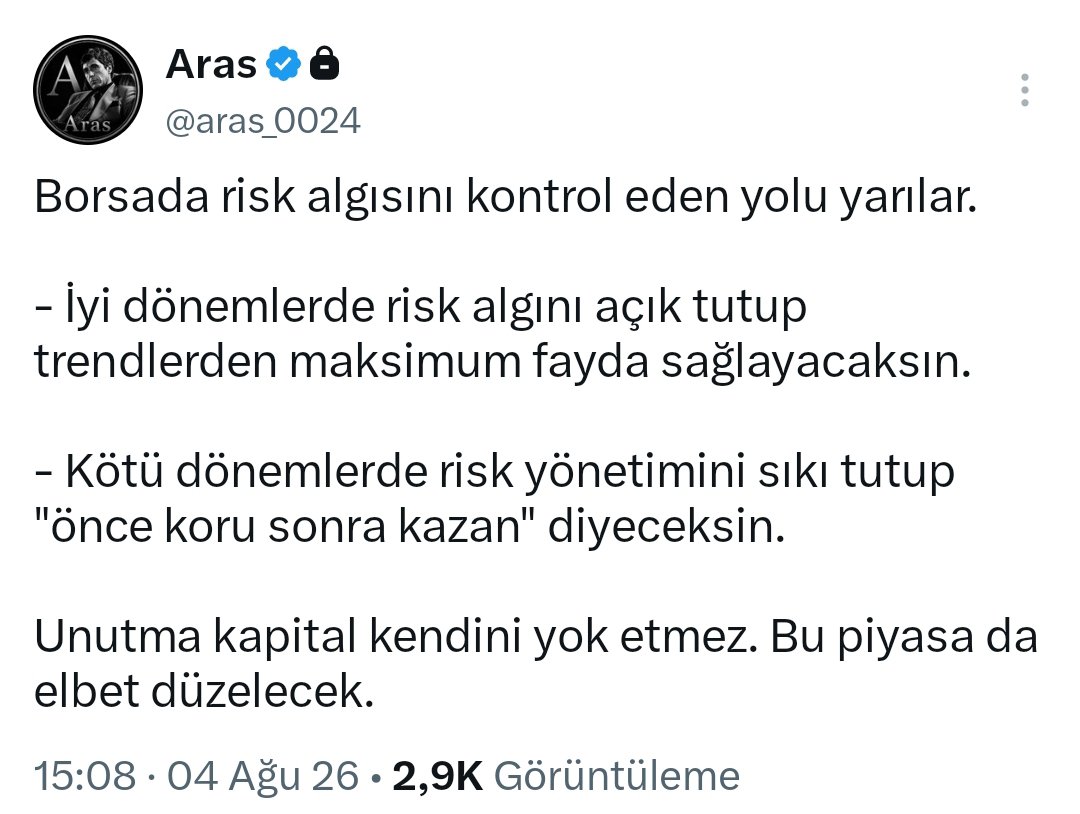 aras_0024's tweet photo. "kapital kendini yok etmez"

Bir noktada sermaye yeniden borsaya akacak ve güçlü hareketleri yeniden izleyeceğiz.

Pandemi, bankacılık, TERA ve daha nice güçlü yükseliş trendleri yaşandı.

Piyasa zor bir dönem geçiriyor çünkü güçlü trendlerin sonu zorlu olur. Hele de yapay ivmenin payı yüksekse.

Şunu net olarak biliyoruz ki sermaye yok olmaz. El değiştirir, yeniden örgütlenir ve kendini yeniden üretir.

Mesele maddi ve manevi olarak ne kadar ayakta kalabildiğindir.