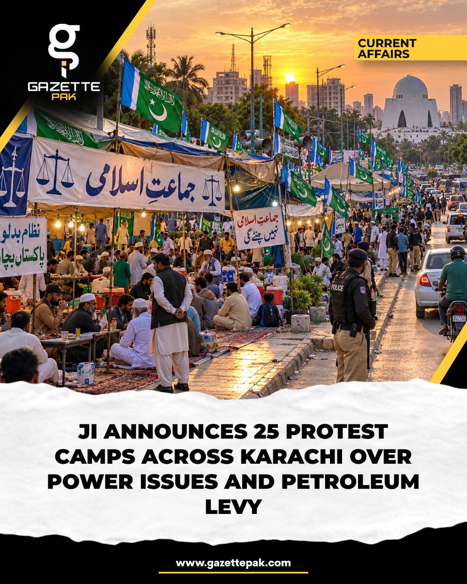 GazettePak's tweet photo. Jamaat-e-Islami Karachi has announced 25 protest camps across Karachi, raising concerns over electricity issues and the petroleum levy. JI Karachi chief Munim Zafar said the party would continue its protest campaign to press for relief for citizens. https://t.co/qXuEEMrrL7
