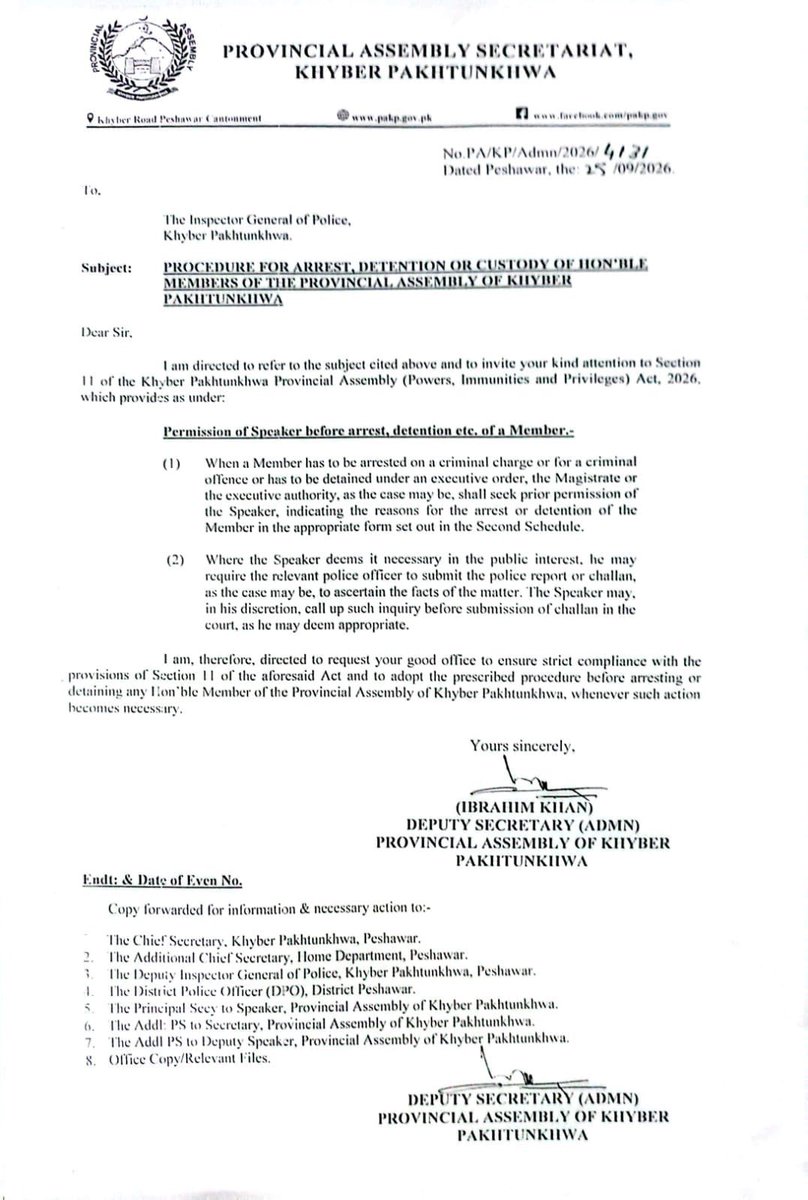 MohsinnaqviC42's tweet photo. Now in Khyber Pakhtunkhwa, even if an MPA is accused of a criminal offence, the police must first seek the Speaker’s permission before arresting him.

What next? If an MPA kills someone, will the police first wait for the Speaker’s permission to arrest him?

What an extraordinary version of “equality before law.” Well done. Keep it up! And this is Riyasat-e-Madina?