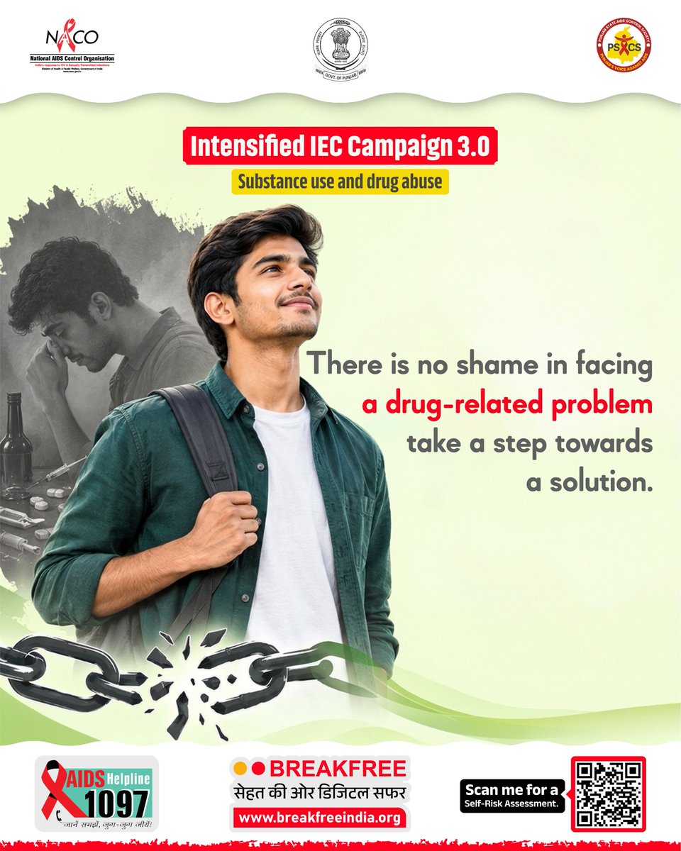 punjabsacs's tweet photo. 🚫 No shame in seeking help.
Take the first step toward a healthier, drug-free future. ❤️🩹
📞 AIDS Helpline: 1097
🔗 Visit https://t.co/JwXfK3dGTV for support & self-risk assessment.
@HMPunjab @NACOINDIA @PunjabDOHFW
#DrugAwareness #SubstanceAbuse #BreakFree #HealthAwareness https://t.co/m7INpbE6iM