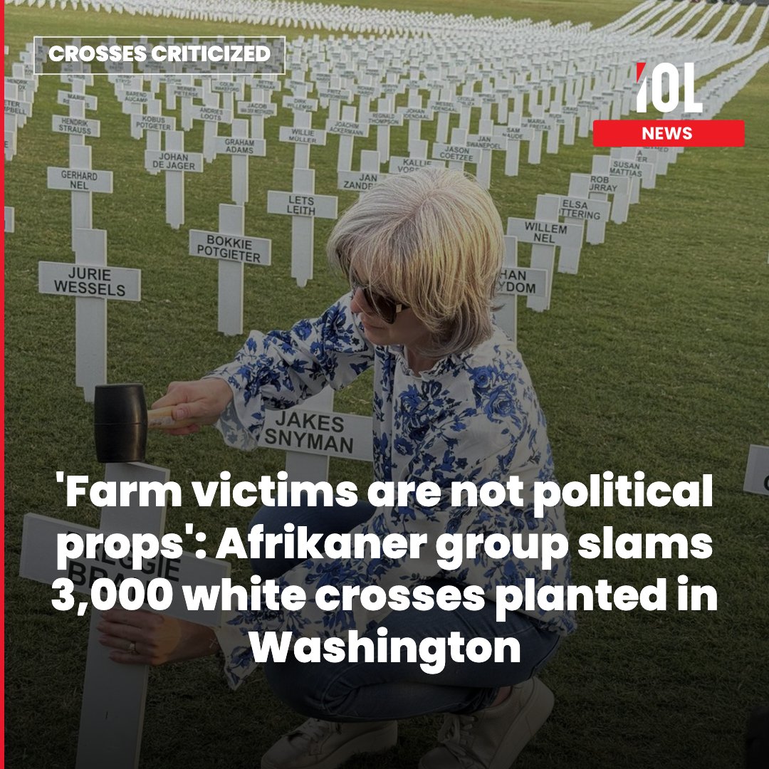 IOL's tweet photo. A group of Afrikaners has turned on its own over 3,000 white crosses planted in Washington, accusing the organisers of using farm murder victims as political props.
Read on https://t.co/9b2PaI77mk
#AfrikanersForSA #LexLibertas #FarmMurders #WhiteCrossProject #ErnstRoets #IOLNews https://t.co/rGD5AS3z6E