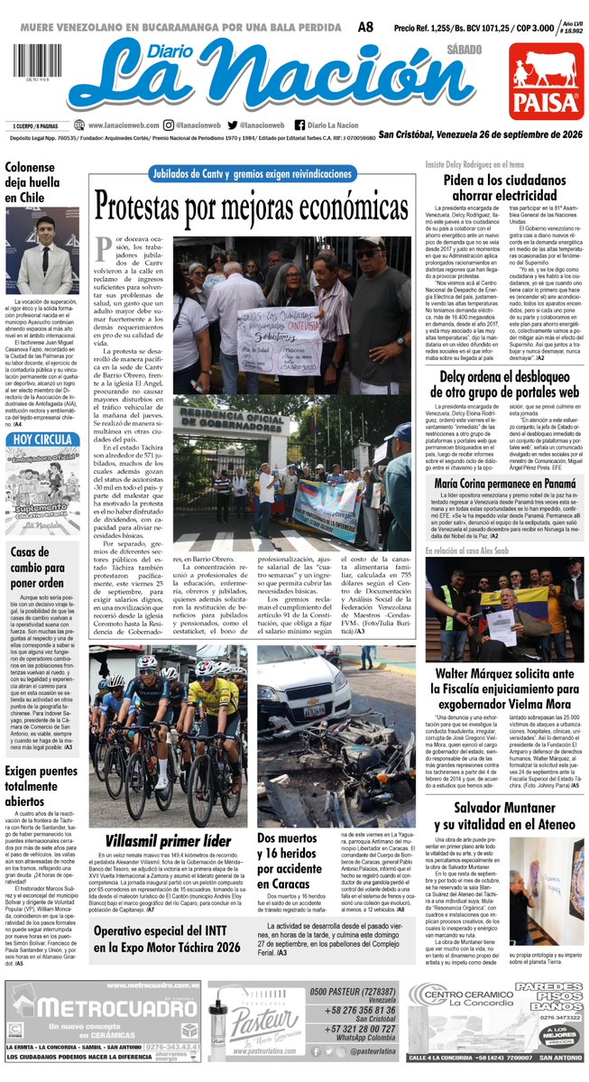 lanacionweb's tweet photo. Primera página de Diario La Nación #Táchira https://t.co/FqfomaCqcg
