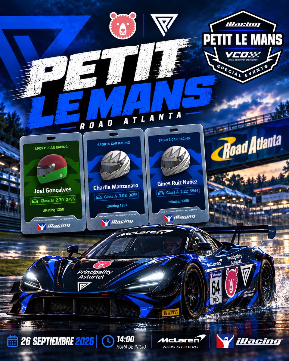 Principality_es's tweet photo. 🏁 Día de Petit Le Mans en iRacing

Hoy afrontamos uno de los grandes retos de resistencia en Road Atlanta con nuestro McLaren 720S GT3 EVO. 🔥

👥 Joel Gonçalves / Charlie Manzanaro / Gines Ruiz Nuñez
🕑 14:00

¡A por esas 10 horas, equipo! 💙🏎️

#YourTurn #LifeClub #Asturias https://t.co/rBTXZQr378