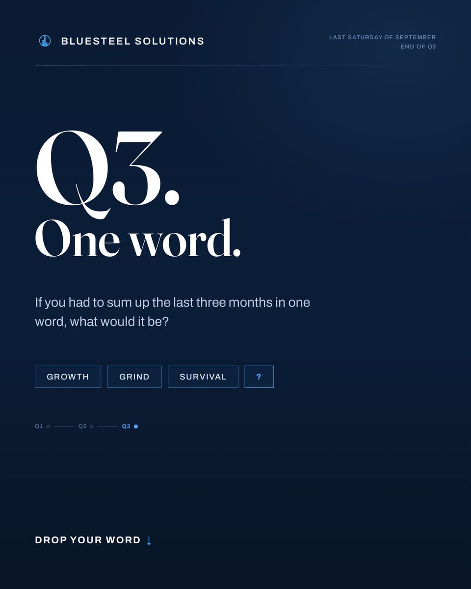 BlueSteelNG's tweet photo. Q3.
One word.
That’s it.

Reply with yours. We’re curious what this quarter actually felt like for you 🤔

#hr #Bluesteelsolutions #WorkLife https://t.co/AWFIPTm1Tk