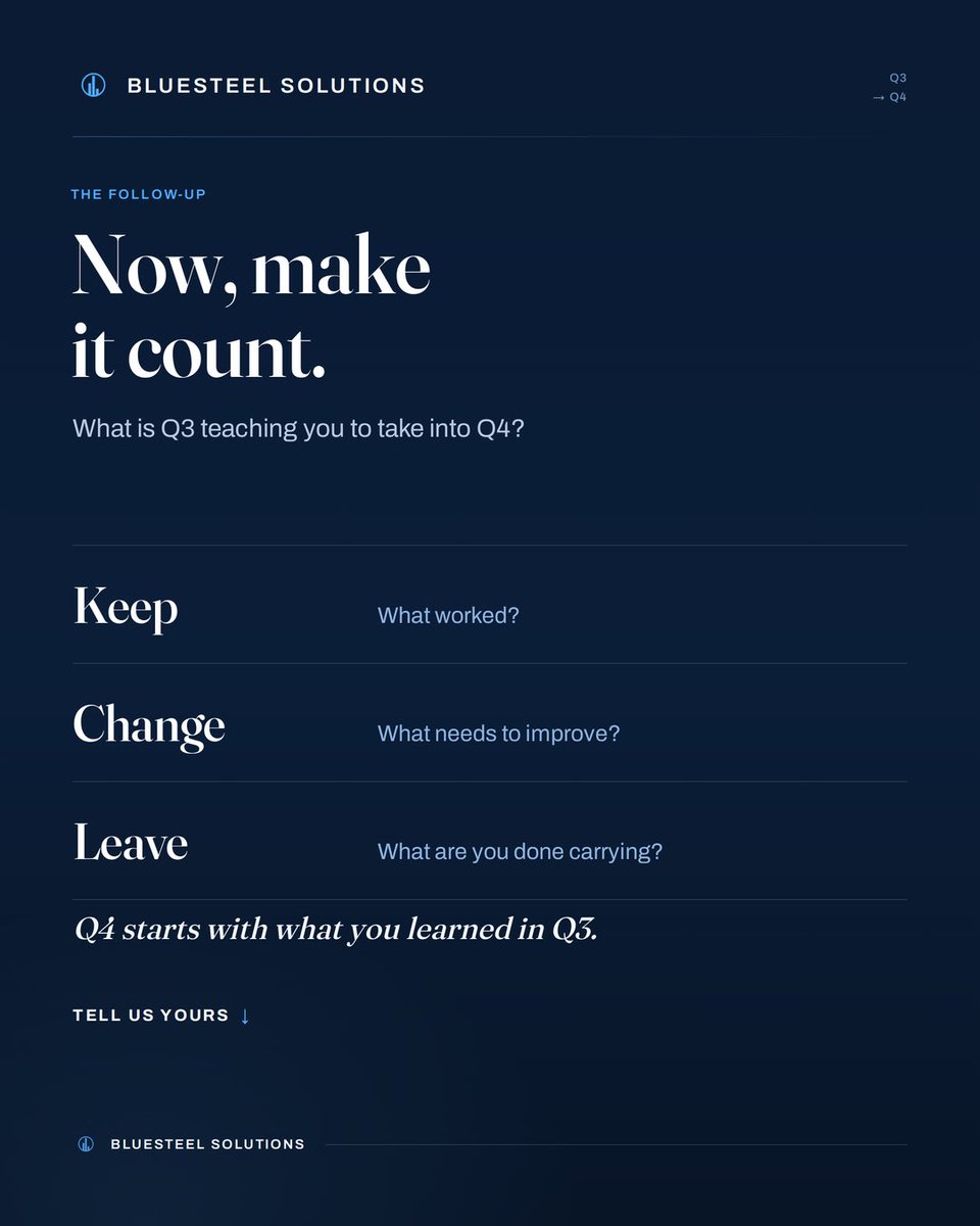BlueSteelNG's tweet photo. Q3.
One word.
That’s it.

Reply with yours. We’re curious what this quarter actually felt like for you 🤔

#hr #Bluesteelsolutions #WorkLife https://t.co/AWFIPTm1Tk