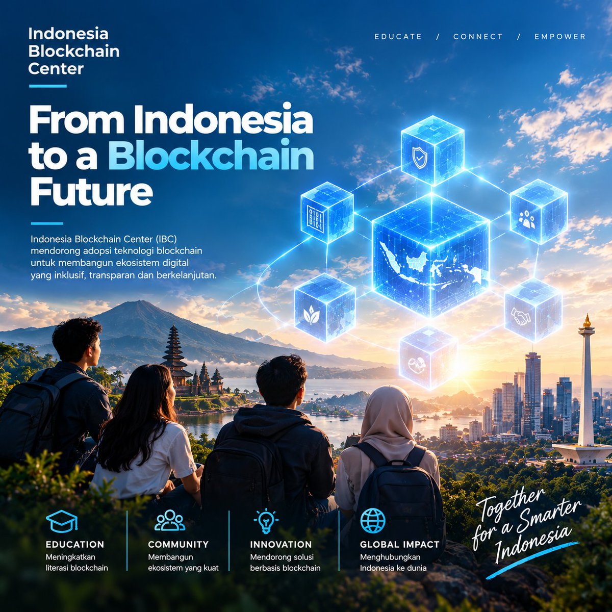 IDNblockchain's tweet photo. Indonesia Blockchain Center (IBC) Mendorong adopsi teknlogi blockchain untuk membangun ekosistem digital yang inklusif , transparan dan berkelanjutan https://t.co/T1kvpsEazF