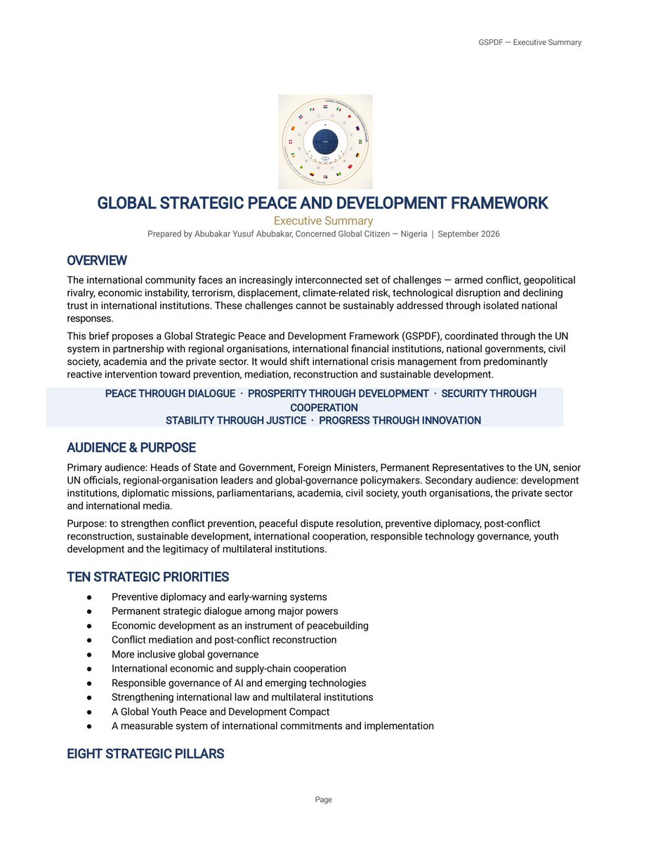 atiqmadobi's tweet photo. 🌍 GLOBAL STRATEGIC PEACE &amp; DEVELOPMENT FRAMEWORK

The world needs to move from reacting to crises to preventing them.
I propose stronger global cooperation built on:
🕊️ Preventive diplomacy &amp; early warning
🤝 Strategic dialogue among nations
📈 Peace through economic development https://t.co/oeZY5zI9zT