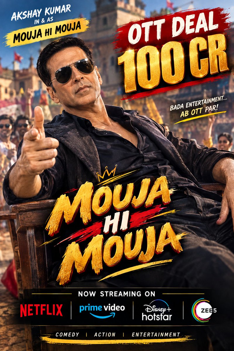 vicky7x_'s tweet photo. “MOUJA HI MOUJA 🔥
Akshay Kumar starrer 🎬
OTT DEAL — ₹100 CR 💰
Bada Entertainment… Ab OTT Par! 🚀”
#akshaykumar #svc @SVC_official @akshaykumar https://t.co/eI6kFF9k3A