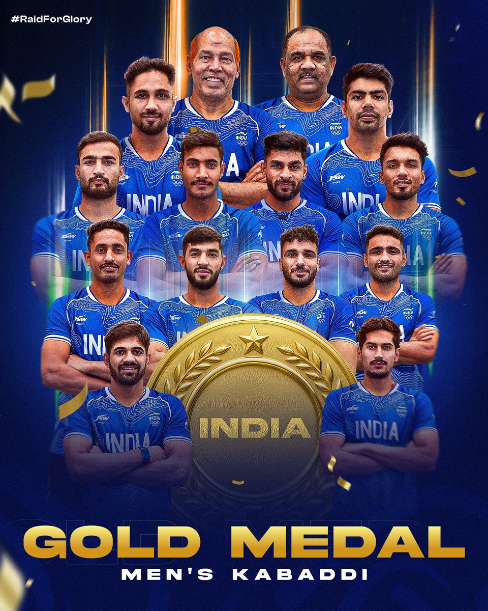 ProKabaddi's tweet photo. One more golden chapter! The crown stays with India 👑🇮🇳

#ProKabaddi #IndiavIran #AsianGames2026 #RaidForGlory https://t.co/qmpeskKJTH