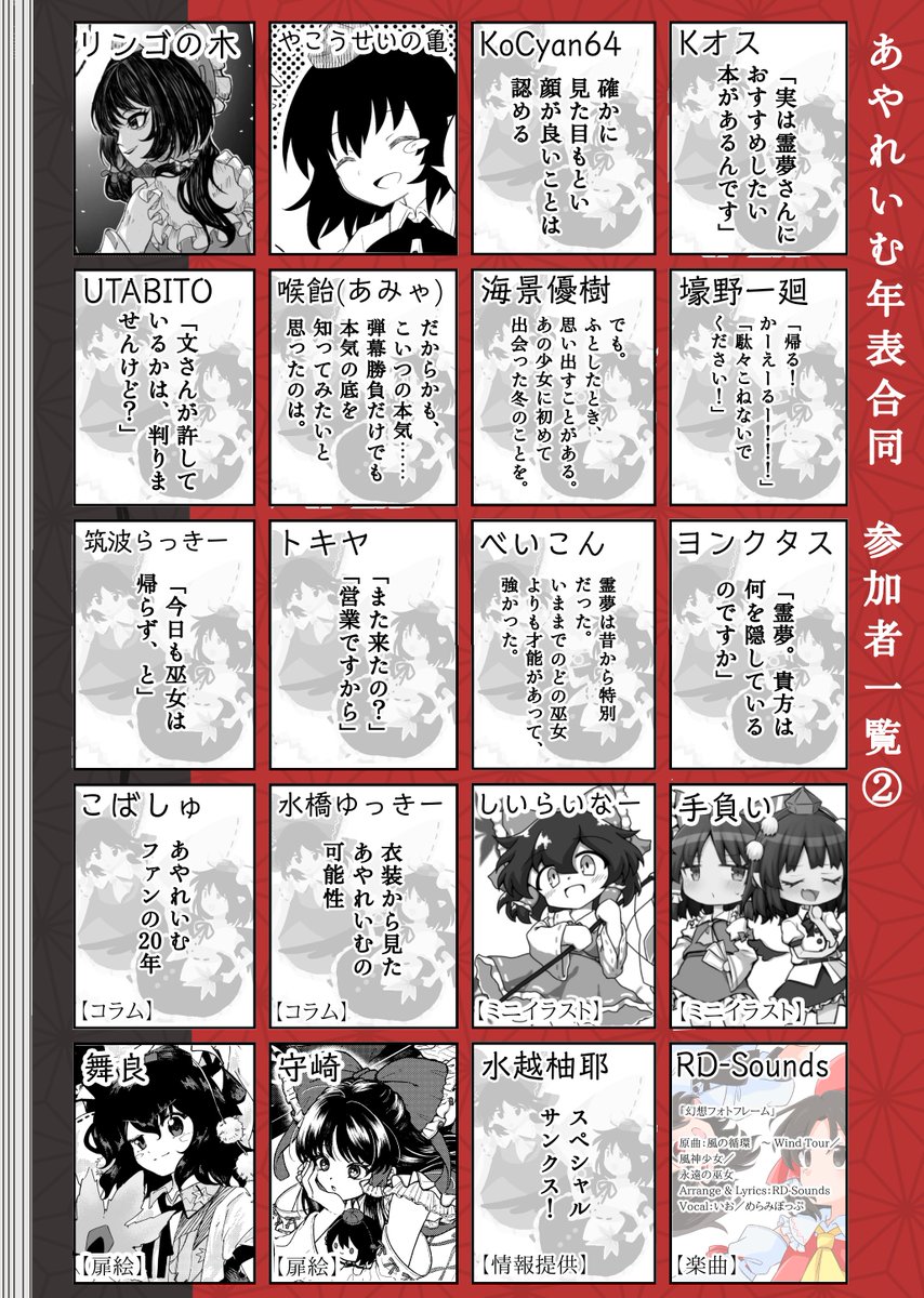 animemania21106's tweet photo. 漫画・小説・イラスト、そして音楽まで。
あやれいむを愛する人たちによる、あやれいむ尽くしの一冊！

10/4秋季例大祭にて頒布いたします！
あやれいむ年表合同『巫女と天狗の幻想手帖』
サークル「かさぶらん科！」
スペース【く-37ab】
#あやれいむ年表合同　
#秋季例大祭13 https://t.co/x3mEvyNBcK