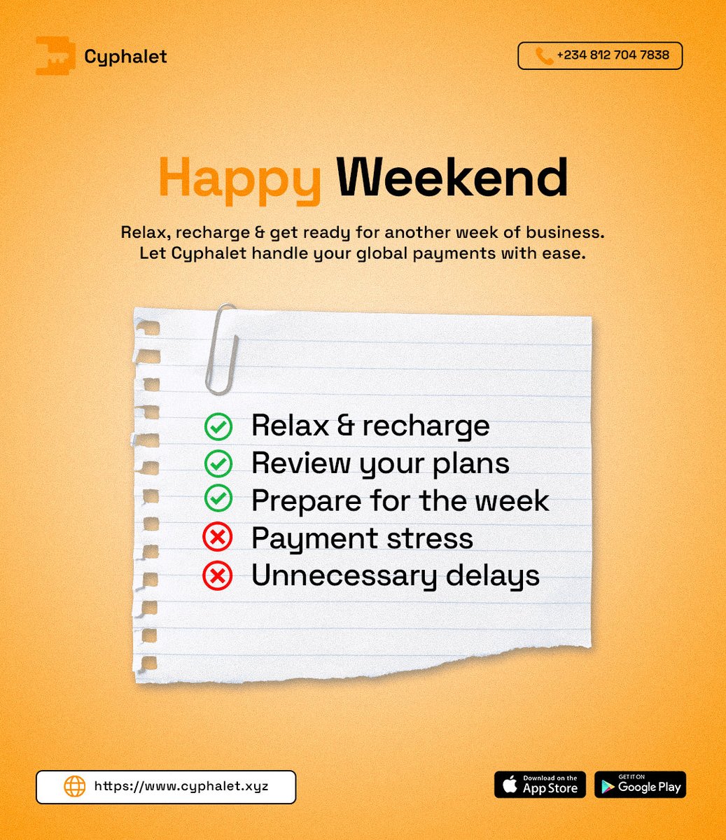 Cyphalet's tweet photo. Happy Weekend! 🌍✨

Take a break, recharge, and enjoy the moment. Let Cyphalet keep your global payments moving while you prepare for another productive week.

Have a great weekend! 🚀

#Cyphalet #HappyWeekend #GlobalPayments #SupplierPayments #CrossBorderPayments https://t.co/Fi3mm8HwGe