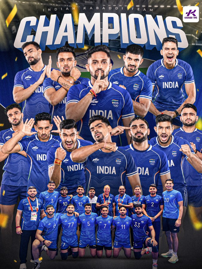 SportShastra's tweet photo. 🚨🇮🇳 CONGRATULATIONS, INDIA! 🚨🥇

GOLD. INDIA. MEN’S KABADDI.🇮🇳🔥

The Men in Blue have done it again! 💪🏻 India beat Iran in the Asian Games 2026 men’s kabaddi final to claim GOLD in Aichi-Nagoya🥇🏆

CHAMPIONS AGAIN!🇮🇳🔥

#AsianGames2026 #Kabaddi #INDvsIRI #TeamIndia #GoldMedal https://t.co/HH9pPf72MG