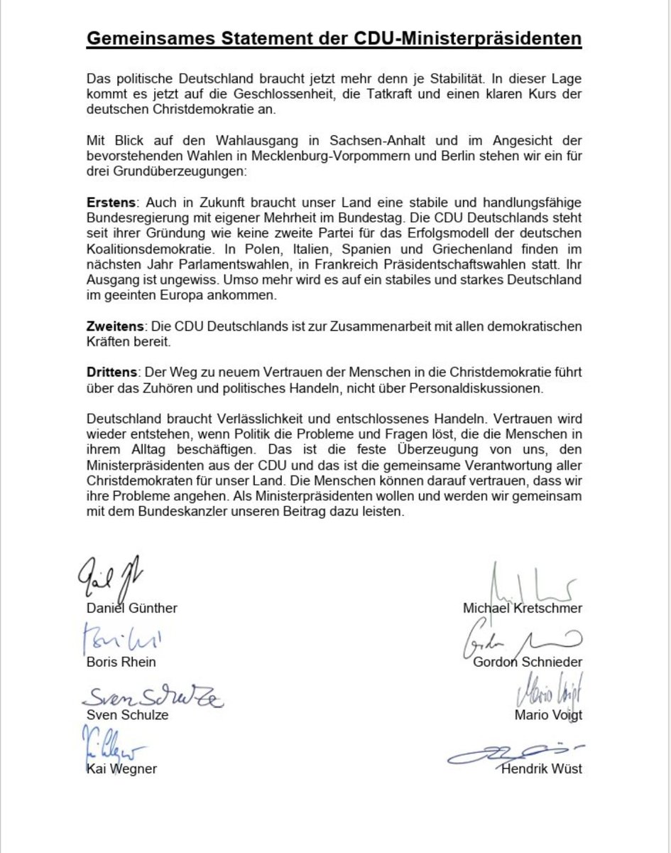 LarsJure's tweet photo. Zur Erinnerung: Das sind DIE @CDU-Ministerpräsidenten, die in der letzten Woche ein Statement veröffentlichten, in dem sie GEMEINSAM mit mit Merz Reformen angehen wollten...Und erhrlich gesagt sind Söder und Wüst einfach feige! Dass sie immer Kanzler werden wollen, aber sich jetzt wegducken, Merz im Amt belassen, und nicht zugreifen, wo das Amt quasi auf der Strasse liegt...Da waren selbst Stoph, Mielke und Mittag etwas mutiger, konsequenter und sagten in ihrer "Politbüro-Sitzung" zu Honecker, dass es vorbei ist und er gehen soll (was dieser sofort akzeptierte und am nächsten Tag sein Rücktrittsgesuch kam, was auch eine Option für Merz wäre, die jedoch niemand aus den Medien von ihm wenigstens einmal einfordert).