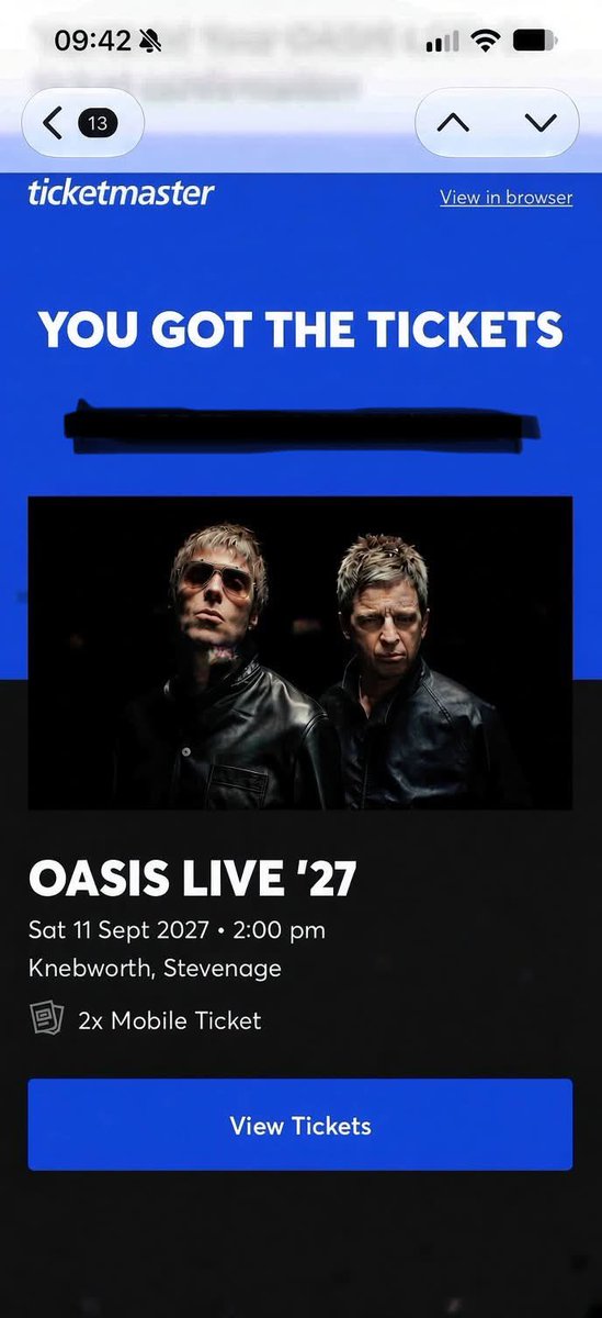 RosieT74's tweet photo. Im in!!! Whoop whoop @oasis @liamgallagher #oasis #knebworth my hubby is so happy!!! @seantaylor2 🤩 https://t.co/3y0MsIDwmk