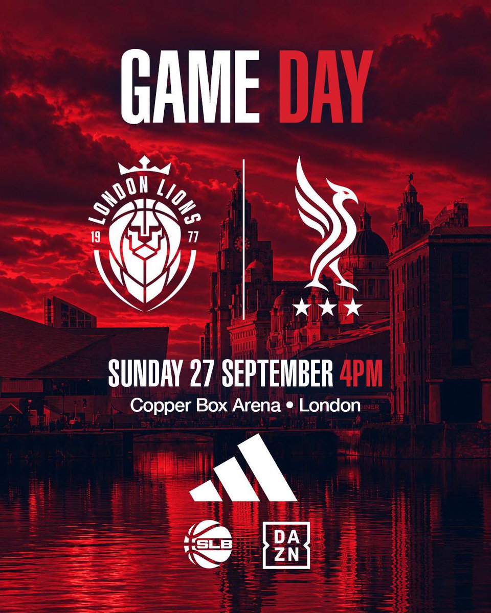Liverpool_bball's tweet photo. FIRST GAME EVER IN LONDON. 💂

Game two, and our first trip to the capital to face the unbeaten London Lions, who won every trophy on offer last season.

🆚 London Lions
📅 Sunday 27th September
⏰ 4:00 PM TIP-OFF
📍 Copper Box Arena, London
📺 Free to watch @dazn 

Don’t miss our inaugural home game at M&S Bank Arena on Sunday 25 October, completely FREE courtesy of @adidasHoops. 

Claim your tickets now https://t.co/UnZsmFSzud.

Three Wings. Three Stars. Three Stripes. 🏀

#LiverpoolBasketball #SLB #BritishBasketball #adidasBasketball #Liverpool
