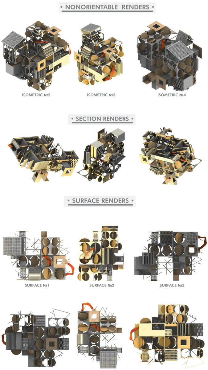 erisfior's tweet photo. The resulting object is deliberately nonorientable: no privileged façade, front, back, top or singular reading.  These studies test the same assembly through isometrics, sections &amp; surface projections: trying to understand a spatial system whose identity changes with the observer https://t.co/jNuXyVR56e