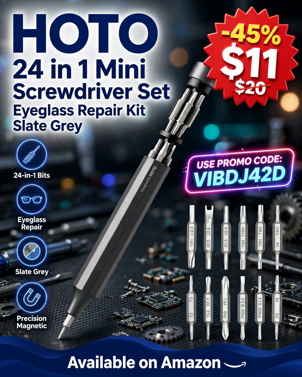 PrimesDeals's tweet photo. 🛠️ HOTO 24-in-1 Mini Screwdriver Set 🛠️

🔩 24 Precision Bits
👓 Great for Eyeglass Repairs
📱 Ideal for Small Electronics
🏷️ Use Promo Code: VIBDJ42D
💰 45% OFF — $11.00
🔗 Affiliate Link 👉 https://t.co/P8HJng9lEf https://t.co/uJdWJgOqSG