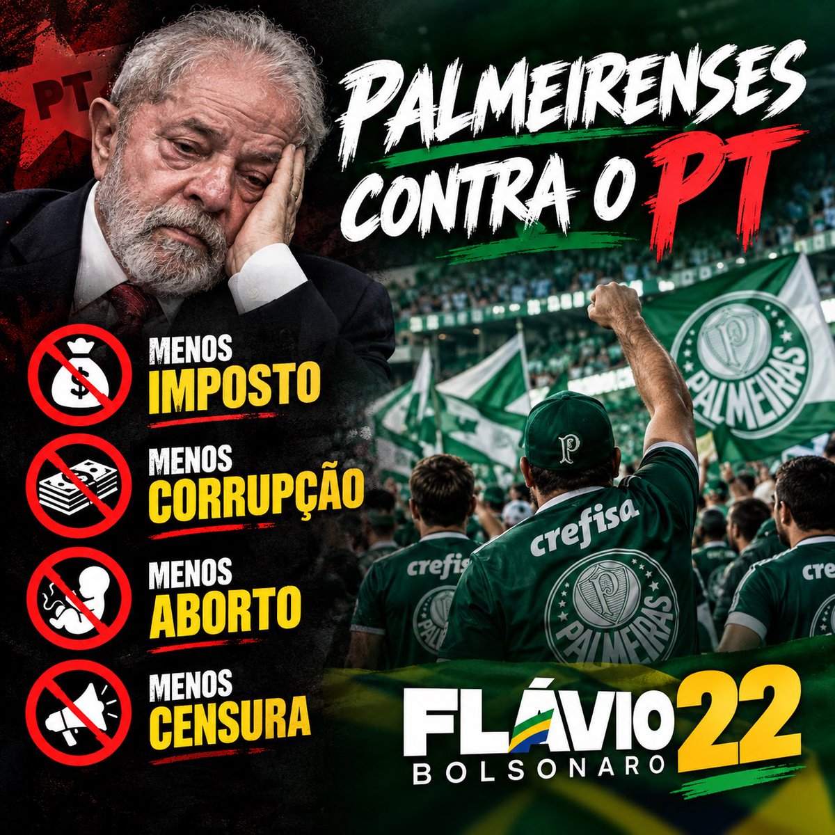 PacoBelmonte_'s tweet photo. @MidiaNINJA Toda a torcida do Palmeiras mesmo está fazendo essa campanha.

FORA LULA

Somos todos Bolsonaro 2️⃣2️⃣ https://t.co/QYO0UQ8D8H