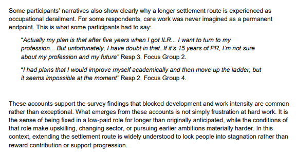 maxtempers's tweet photo. The recurring theme across all these ILR reports and consultations is the same: migrant carers want ILR precisely so they can leave care work.

Yet the entire campaign against the reforms is framed as being about protecting the care sector. It's deeply disingenuous. https://t.co/OPUQnRpUeq
