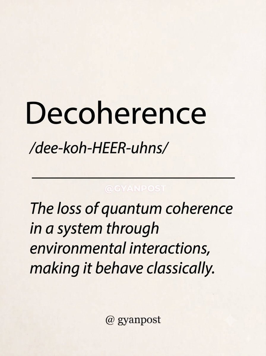 Gyanpost's tweet photo. EXAMPLES-
Decoherence explains why large objects do not show quantum superposition in everyday life.
The qubits lost information in microseconds due to decoherence from thermal noise.
#WordOfTheDay #ScienceFacts https://t.co/Pk2Ow4Bsts
