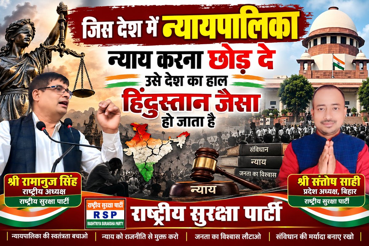 RSPIndiaHQ's tweet photo. न्यायपालिका की स्वतंत्रता बचाओ, न्याय व्यवस्था में जनता का विश्वास लौटाओ
https://t.co/f1lgGj5EaZ #JudicialIndependence #JusticeForAll #RuleOfLaw #IndianJudiciary #ConstitutionOfIndia #JusticeSystem #SaveJudiciary #PublicTrust #Constitution #RashtriyaSurakshaParty #India #Justice https://t.co/YsUxqyXwFn