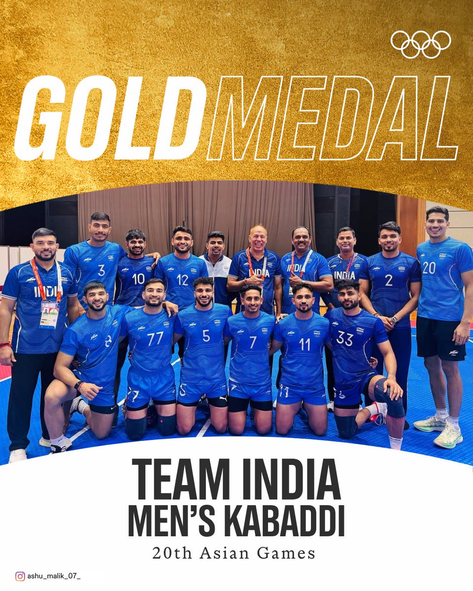 OlympicKhel's tweet photo. Back-to-back #AsianGames gold 🇮🇳🥇

India's men's kabaddi team finish their #AichiNagoya2026 campaign on top, securing their 9th men's kabaddi gold in Asian Games history. ✨ https://t.co/LWukC5tzNu