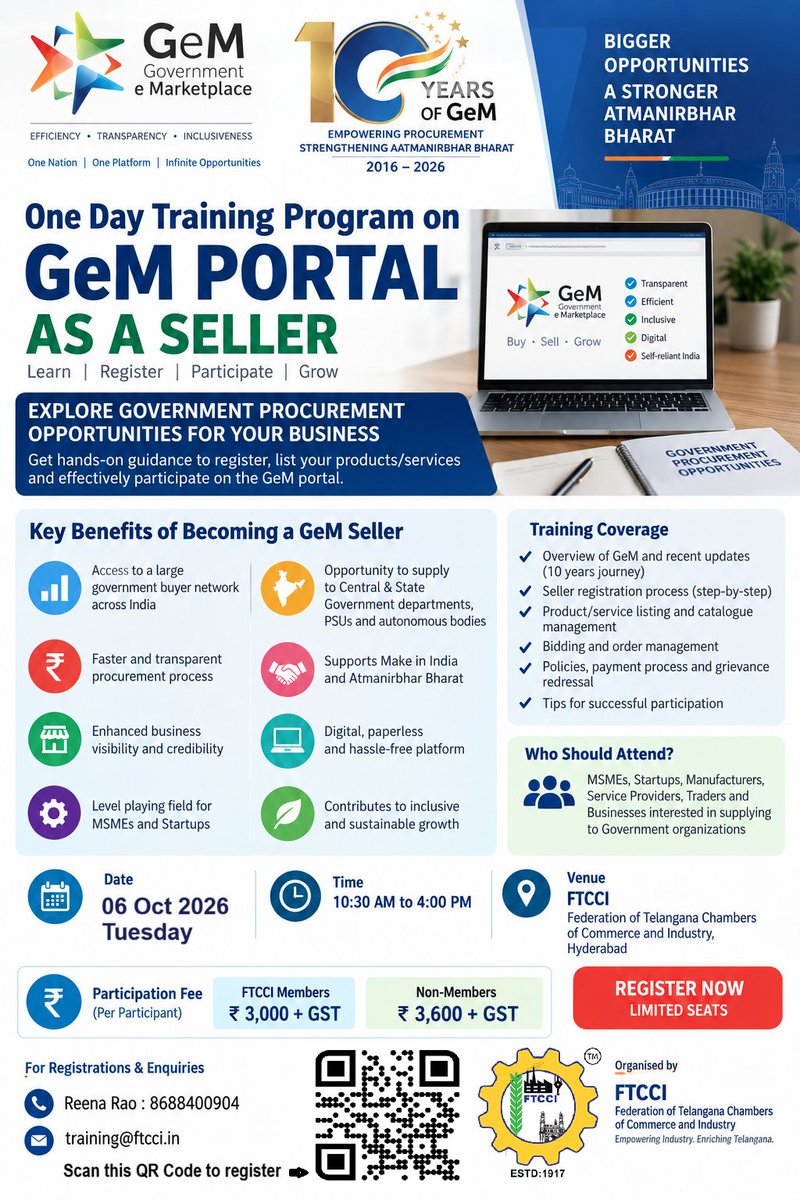 FTCCI's tweet photo. Training Program on GeM Portal – Government e-Marketplace | Seller Module

The @FTCCI is organizing a Training Program on the GeM Portal, focusing on the Seller Module on 06 Oct, 2026 (Tuesday) from 10:30 AM – 04:00 PM at FTCCI.

Register Now: https://t.co/vi5sG4FURC

#GeM https://t.co/BQnfCjiR46