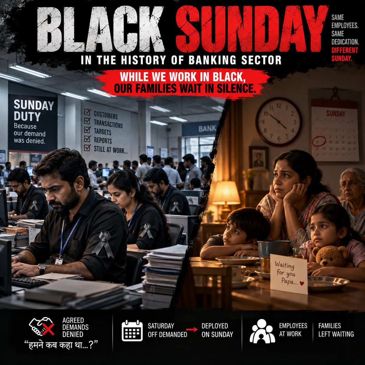 clublostboy54's tweet photo. A “Black Sunday” is set to be written into banking-sector history tomorrow.

First came an understanding on the Saturday-off demand. Then came the familiar line:  
“When did we ever say that…?”

Employees who pressed that demand are now being summoned to work on Sunday.

Credit to News18 and Sushant Sinha ji for speaking up on this without hesitation. 🙏🫡

An appeal to the rest of the country’s media:  
News18 has already put this on the record. Do the same—place the facts of this matter before the public.

This is no longer only about a holiday. It is about trust and about rights.

#BlackSunday #BankEmployees #5daysbanking #EmployeeRights