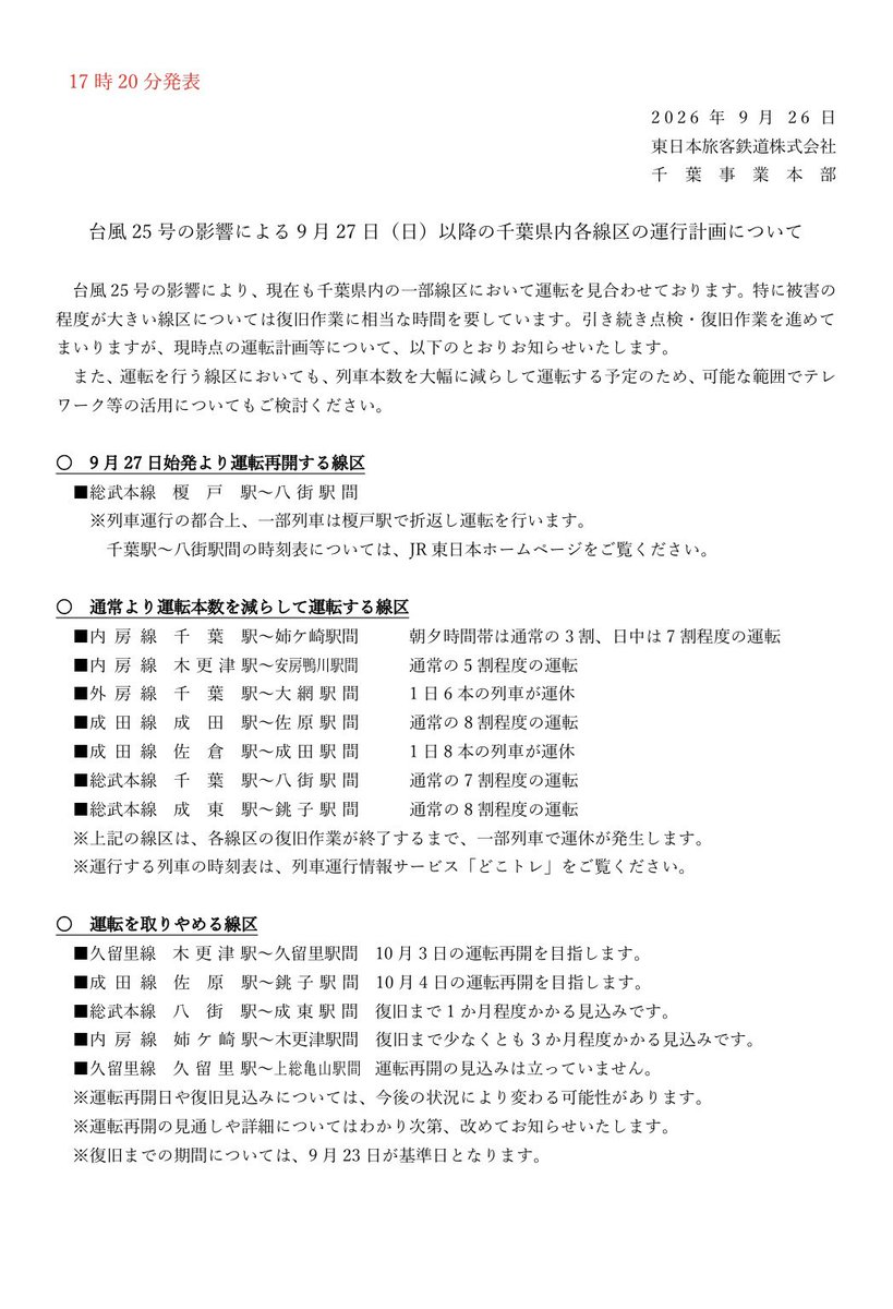valueable_Ra102's tweet photo. 総武本線　榎戸〜八街間明日(9/27)より運転再開！
9/27より一部区間であるものの、総武本線は運転再開です！同時に久留里線や成田線の運転計画も更新されましたね〜 https://t.co/78ZUfYoOkr
