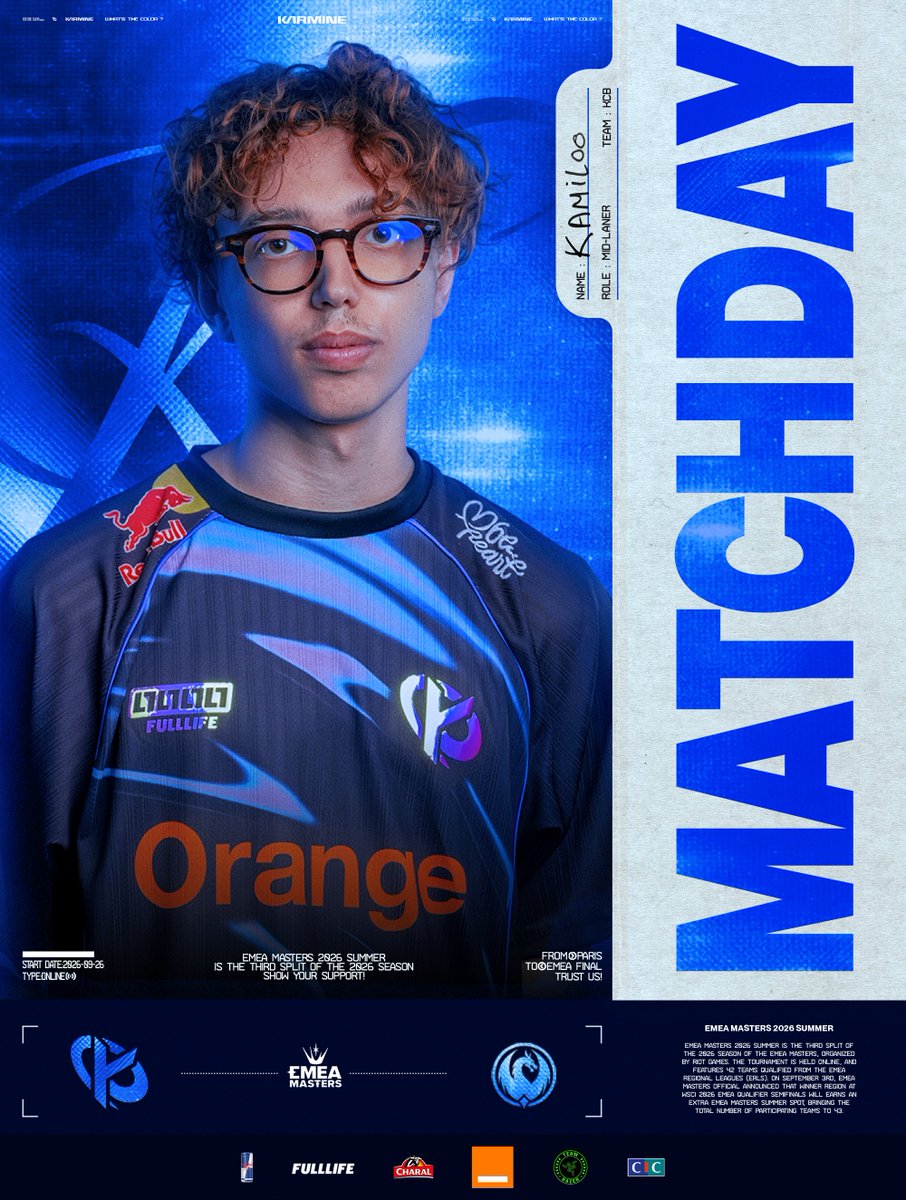 KarmineCorp's tweet photo. 🔴 EMEA Masters 2026 Summer - Swiss Stage

Notre équipe LFL est de retour pour les EMEA Masters, on commence par un Swiss Stage à 32 équipes, il faudra gagner 4 matchs et les BO qualificatifs sont en BO3 ! #KCORP

🆚 @WhiteDragonsPT
🕗 Prévu à 20h
📺 https://t.co/uyo0KItlpg https://t.co/APHPZHU1nA