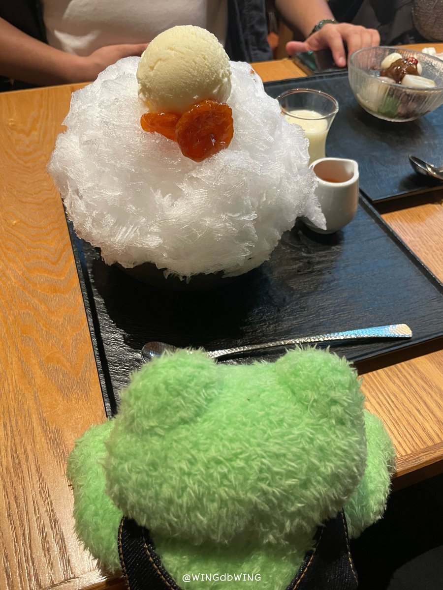 WINGdbWING's tweet photo. 早く食べたいケロ…

今日はご主人のデートに同席したケロ
向かいに座る、お腹のポーンとしたのがお相手だケロ🐸

亀戸の船橋屋にて
杏とクリームチーズのかき氷です🍧
#かえるのピクルス https://t.co/cZQzZIcMdm
