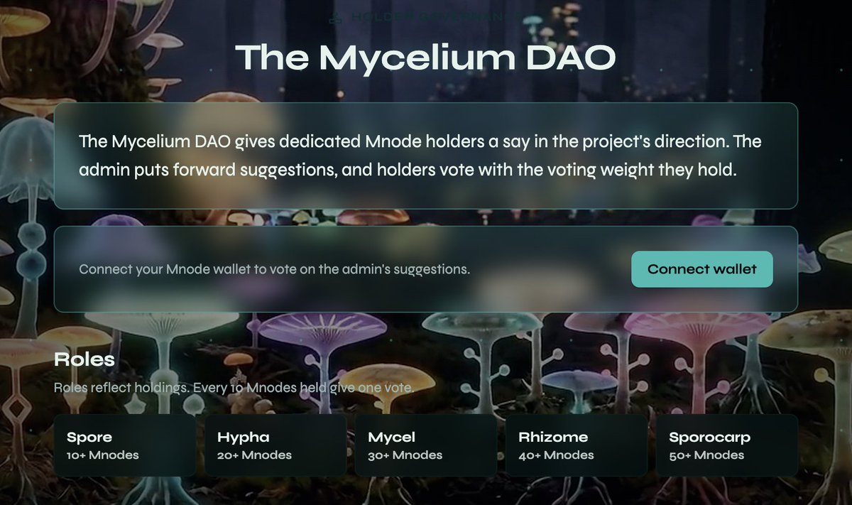Mnodes_official's tweet photo. The Mycelium is a living, breathing ecosystem where Mnodes holders, our community, hold the reins.

We believe the people most dedicated to our collective success should be the ones steering the ship.

If you are here to build and grow with us, you deserve a real say in the direction we take.

That is why we are putting decision making power directly into the hands of our holders through the Mnodes DAO.

Your commitment matters and is being rewarded.

Your voting power in the DAO scales right alongside your holdings. The more Mnodes you hold, the higher your rank in the ecosystem, and the heavier your vote weighs when it's time to make pivotal choices for our future.

ROLES + VOTING WEIGHT

Spore: 10+ Mnodes = 1 Vote

Hypha: 20+ Mnodes = 2 Votes

Mycel: 30+ Mnodes = 3 Votes

Rhizome: 40+ Mnodes = 4 Votes

Sporocarp: 50+ Mnodes = 5 Votes

The future of Mnodes is being written right now, and we want you to hold the pen along with us.

Bookmark the link below to track live DAO decisions, follow upcoming proposals, vote, and watch our vision come to life.

Join the DAO and shape our journey.

Roles will soon be set up in our Discord to claim.

https://t.co/K2timwjEao