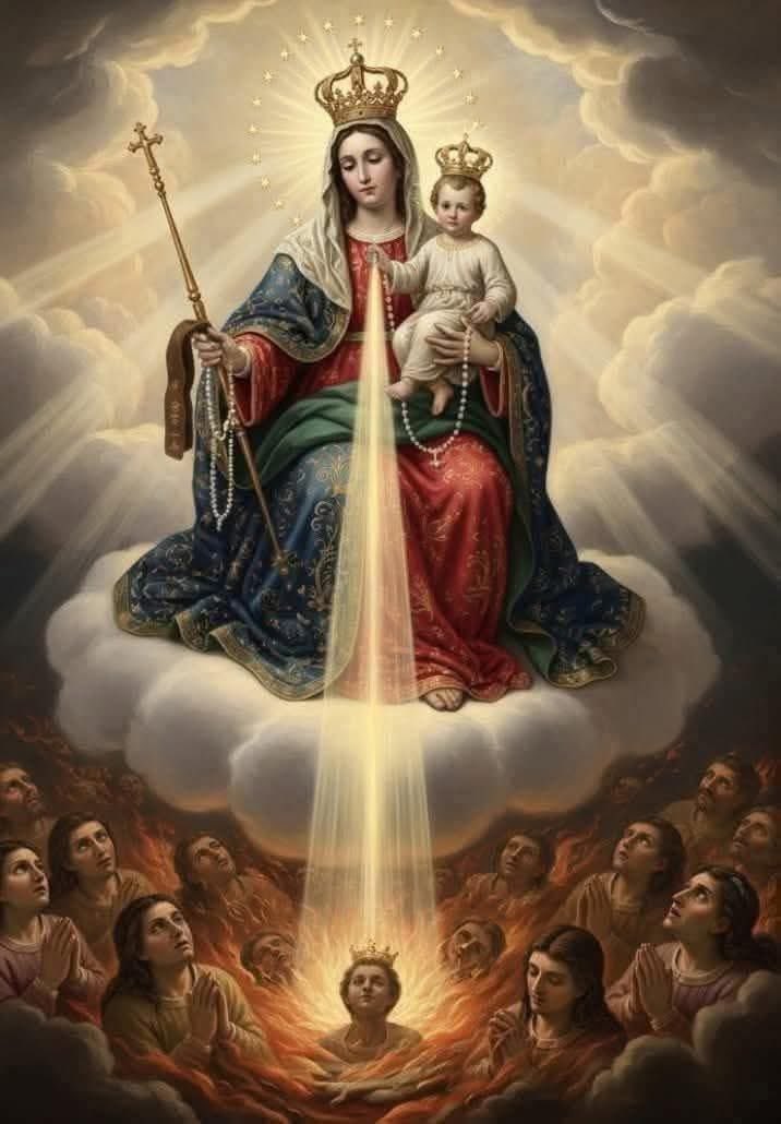 FGenteroyJr's tweet photo. THE THREE MARYS FOR THE BLESSED SOULS OF PURGATORY.

Oh, Mary, Queen of Purgatory, I beg you for those souls for whom I have or may have any obligation, whether of charity or justice.

AVE MARIA
Oh, Mary, Queen of Purgatory, I beg you for the most abandoned and forgotten souls, for those whom no one prays for, You, oh Mother, who remember them, apply the merits of the passion of Jesus, your merits and those of all the saints, and they will find healthy refreshment.

AVE MARIA
Oh, Mary, Queen of Purgatory, I beg you for those souls that will soon leave that place of suffering, so that as soon as possible they will go to sing in your company the eternal mercies of the Lord.

AVE MARIA
My God, I believe, adore, hope and love you!
I ask you for forgiveness for those who do not believe, do not adore, do not hope, do not love you!
Jesus, for all your sufferings, have mercy Lord!