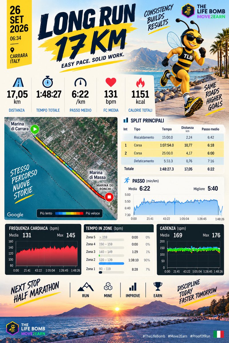 RMorigoni's tweet photo. Long runs aren’t about speed. They’re about control. 🐝

90% in Z2. 131 bpm average. Finished the final 25’ faster and still under control.

Building the engine for 21K, one session at a time.

#TheLifeBomb #Move2Earn #HalfMarathonTraining @The_Life_Bomb @fquentin900cbr https://t.co/CkGv0EMAaU