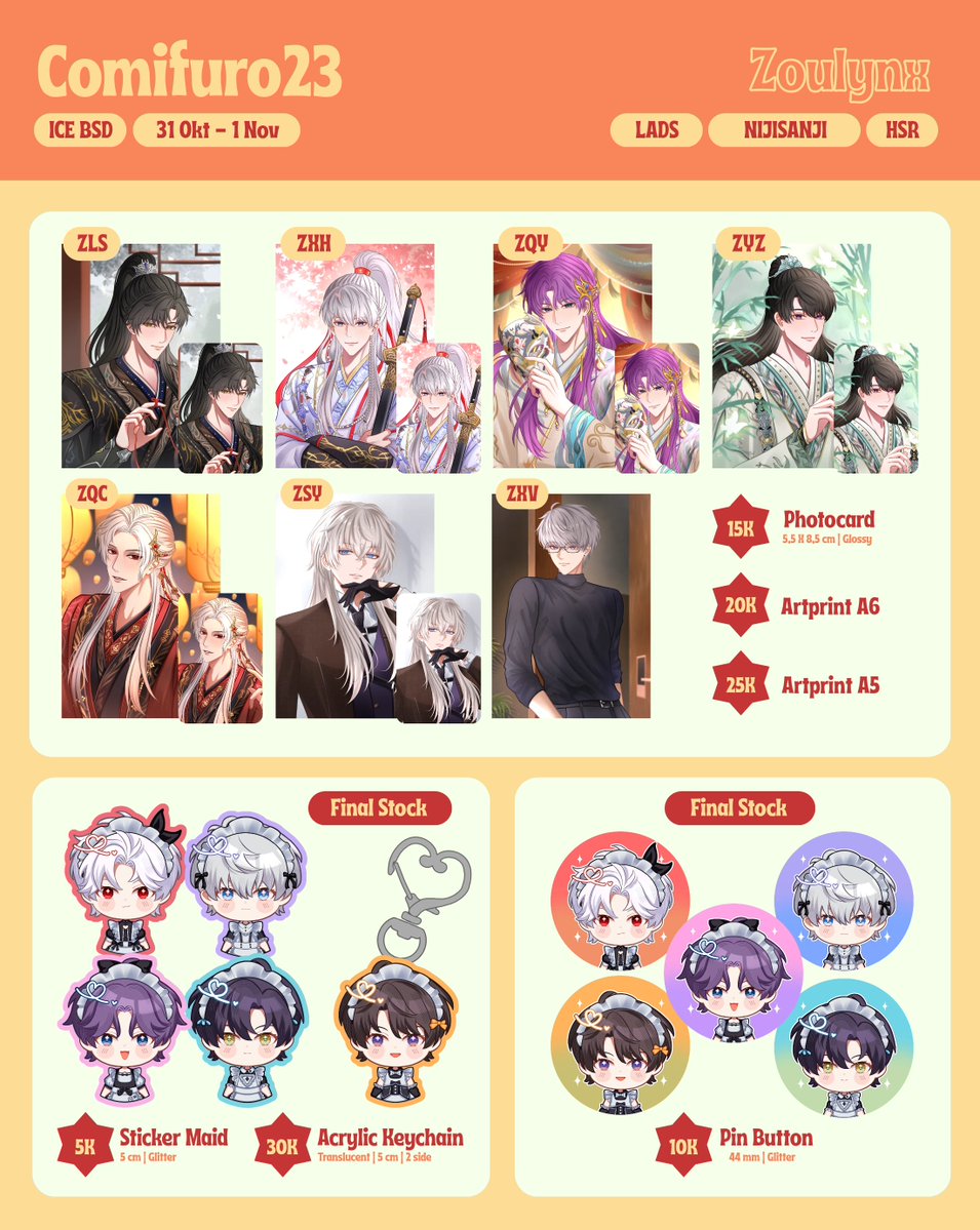 zoulynx's tweet photo. [🔁 and 🩷 TYSM!]

Zoulynx #CF23 Pre Order (Batch 2) are now open💞

🗓 26 Sept–03 Oct
💌 Pick-up both days &amp; mail (via JNE)
‼️All batch 2 items are limited, some items won’t be available ots!

⭐ LADS, Nijisanji, HSR

(1/3) Po details⬇️
#comifuro23 #cf23catalogue https://t.co/waHg2SMMpW
